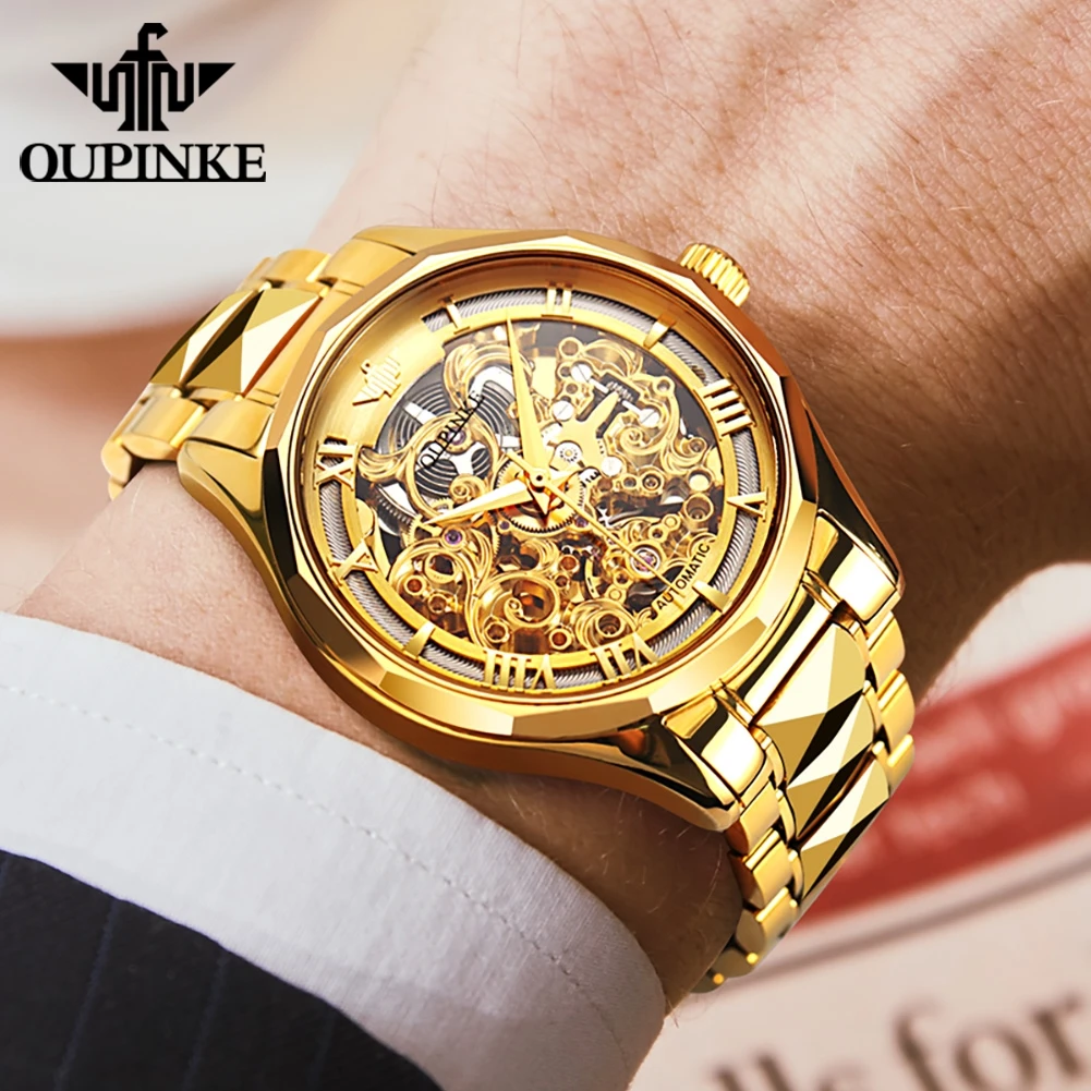 OUPINKE 3168 Luxury Men Watch Swiss Brand Waterproof Skeleton Automatic Mechanical Watch Business Men Gold Tungsten Steel Watch