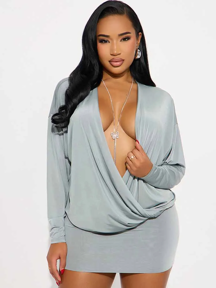 BKQU Sexy Diepe V-hals Jurk Vrouwen Bodycon Perzik Hip Volledige Mouw Herfst Mode Stretch Midnight Party Mini Jurken 2023 Nieuwe