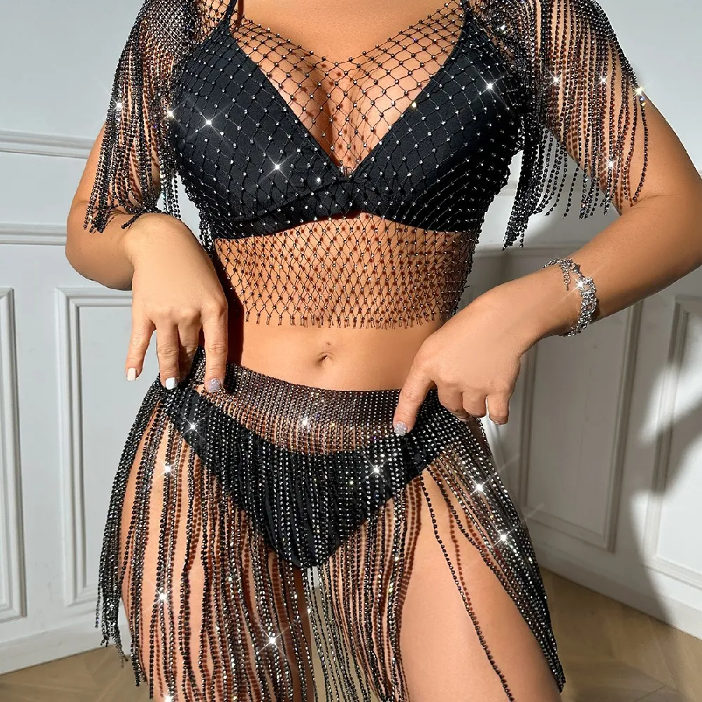 

Shiny Rhinestone Fishnet Hollow Out Mesh Short Top Skirt for Women 2023 Trendy Long Tassel Waist Chain Set Party Dress Gifts