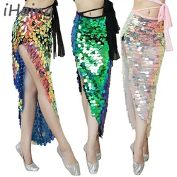 Womens Sequins Shiny Belly Dance Hip Scarf Mini Skirt Party Carnival Stage Performance Rave Belt Waist Chain Wrap Indain Costume