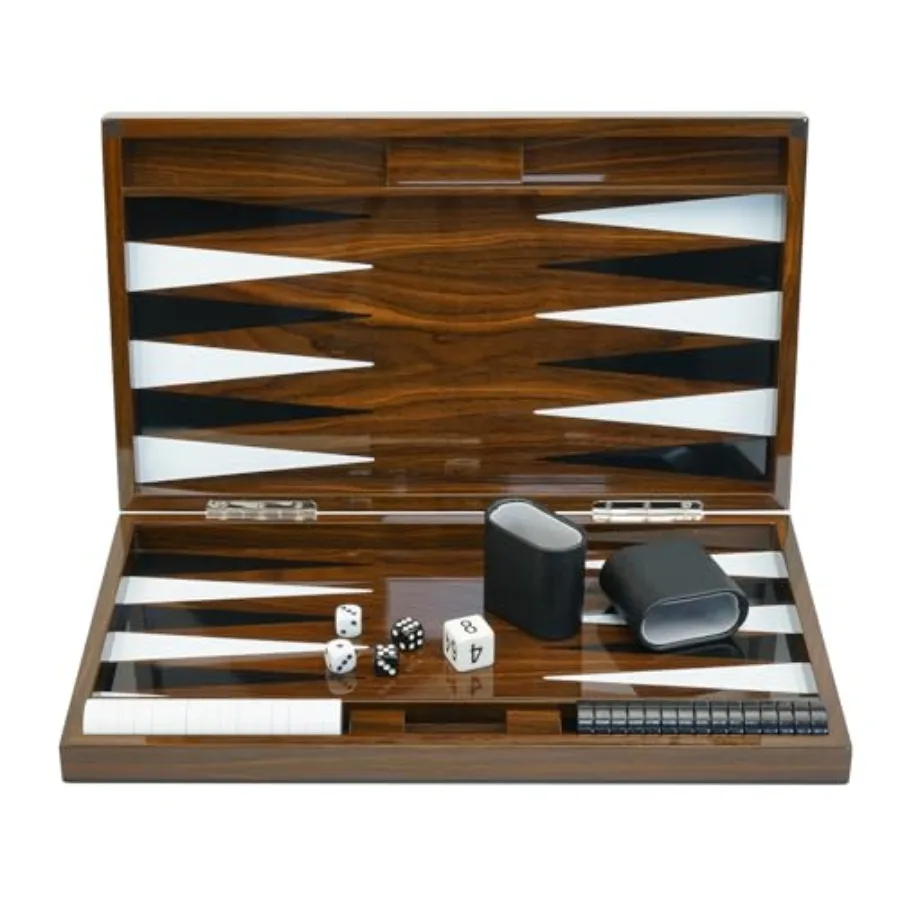 

Deluxe Wood 18 Lacquered Backgammon Board Game Set with Premium Leather Dice Cups and Acrylic Game Chips in Black and Gold for