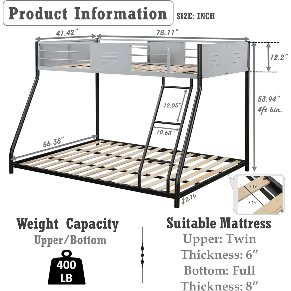 Full Bunk Bed, Heavy-Duty Metal Bunk Bed Frame with Guardrail & Ladders, No Box Spring Needed, Noise Free for Dorm  Beds