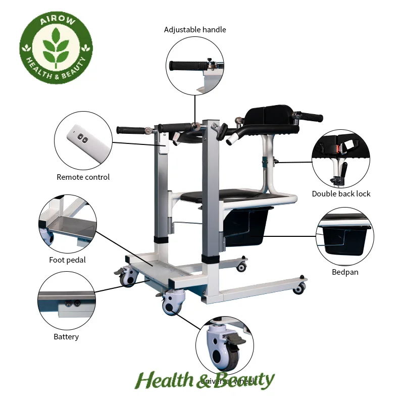 AIROW Adjustable Height Lifting Transfer Chair with Commode Hoist Wheelchair for Disabled Mobility Aid