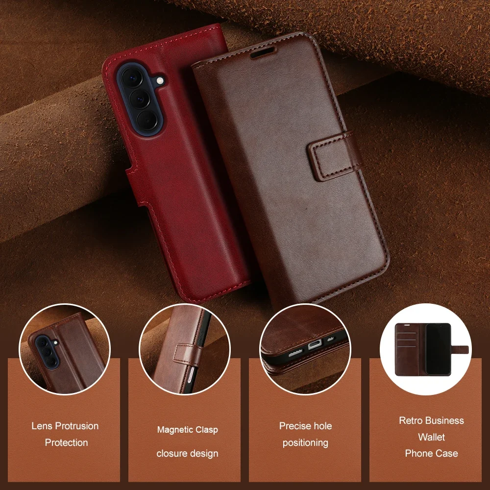 Luxury Calf Leather Flip Cover Case For Samsung Galaxy A27 A57 A37 A17 A26 A36 A55 A07 4G A35 A16 M36 S25 FE S26 Plus Phone Case