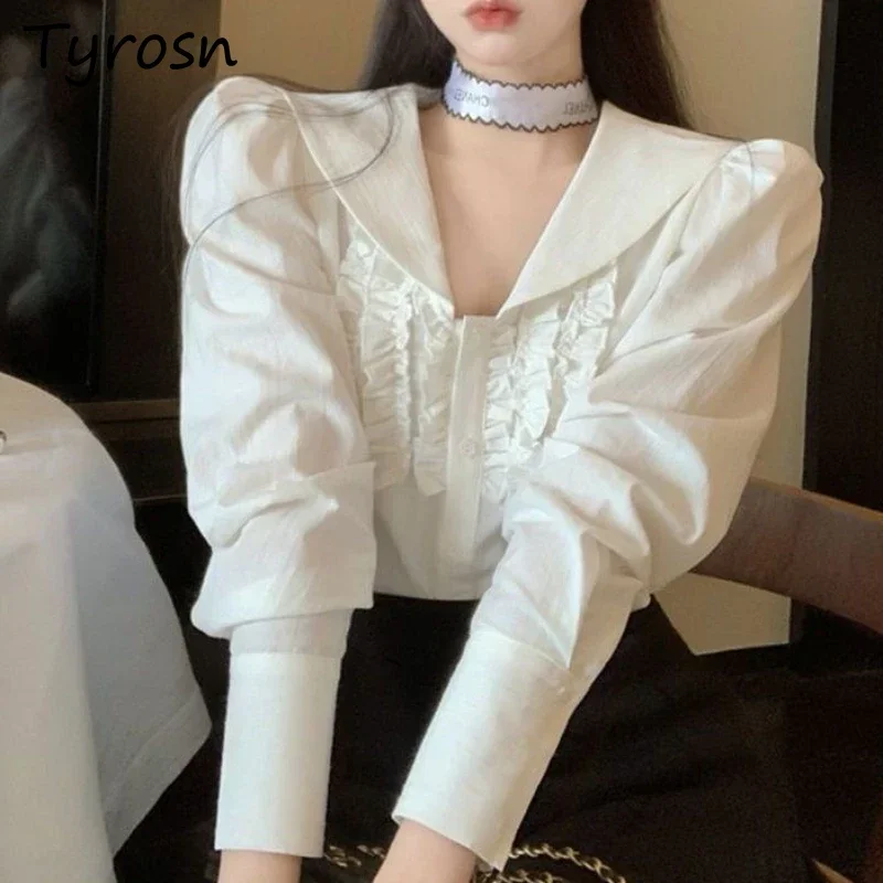 

Shirts Women Preppy Style Single Breasted Sailor Collar Sweet Girl Autumn Elegant All-match Folds Streetwear Puff Sleeve Ruffles