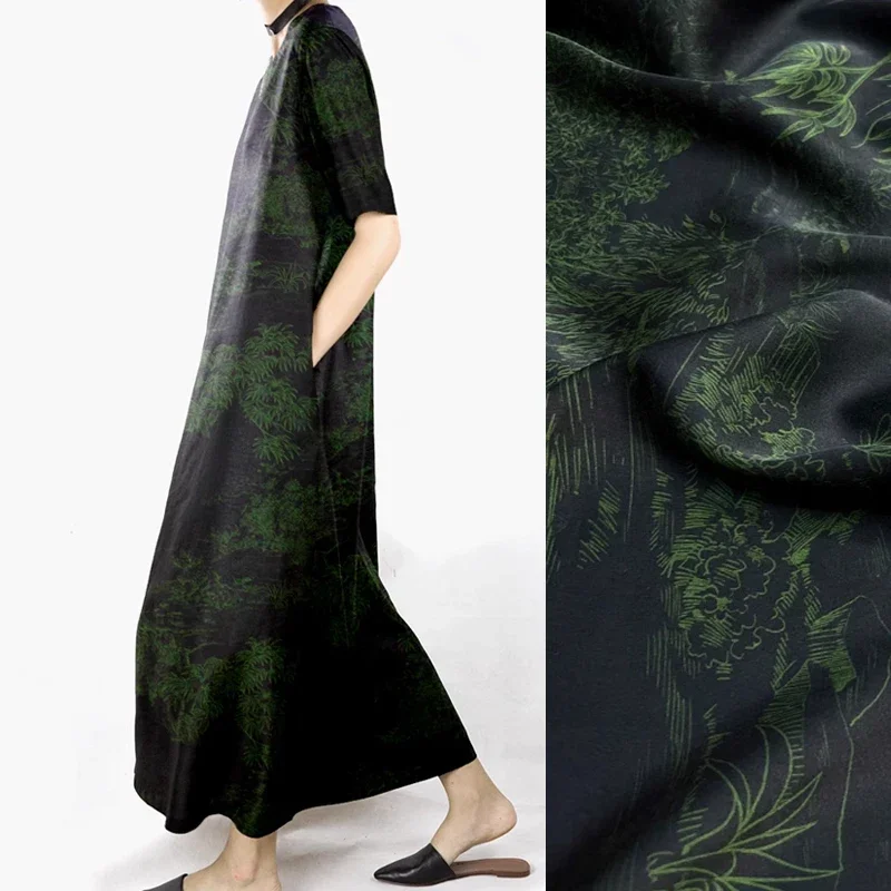 

Trees Print Black Green Stretch Silk Fabric - Wide 118CM - Ideal for Dress & Cheongsam - High-Quality D1261