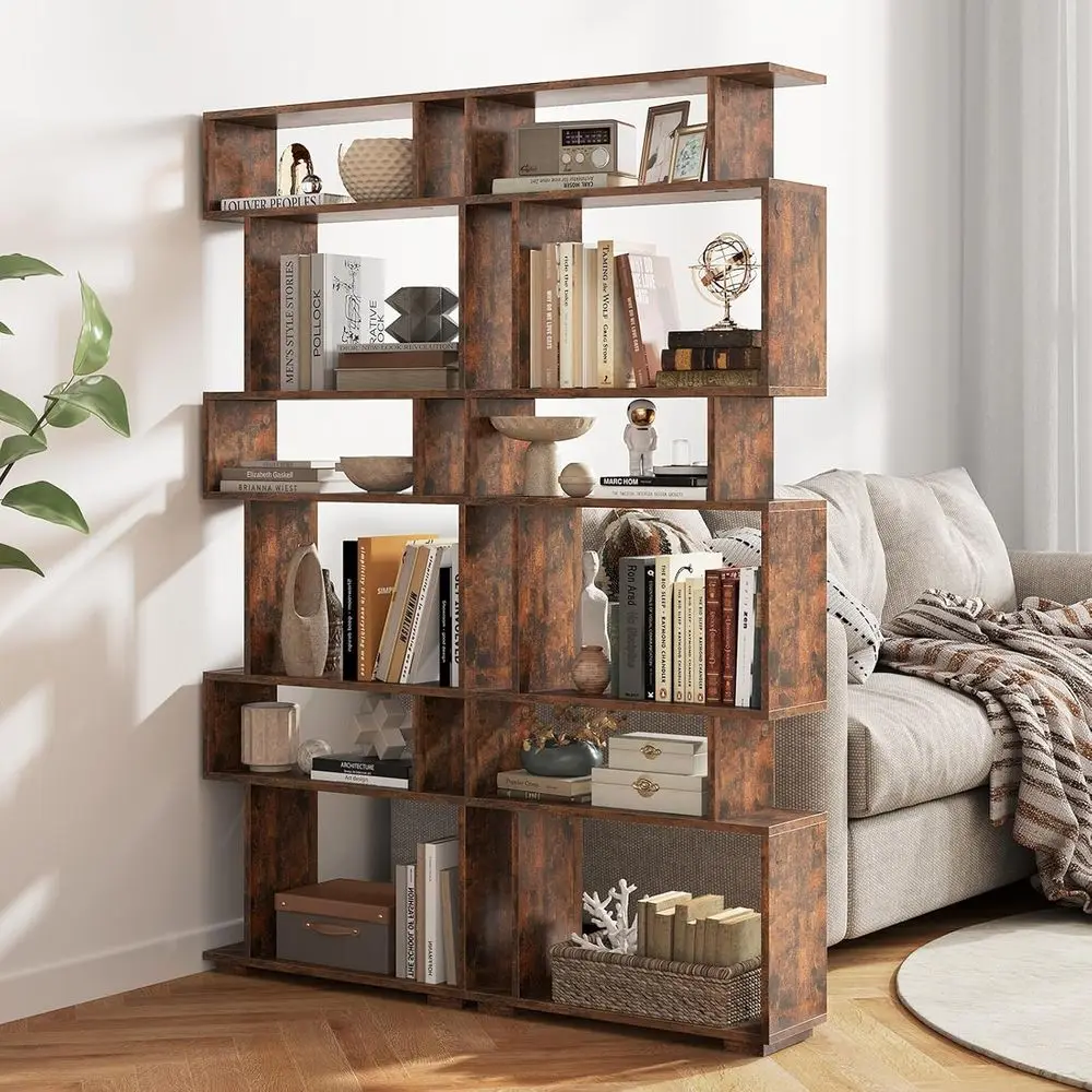 

S-Shaped 6-Tier Wooden Bookcase, 64 Tall, Rustic Brown, Room Divider & Display Shelf for Living Room, Bedroom, or Office
