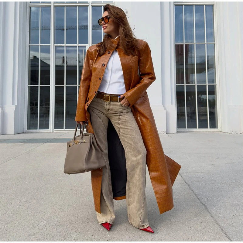 Crocodile Embossed Trench Coat Lapel Collar Button‑Front 2026 Autumn Women Vintage Outerwear Trendy Lady Casual Overcoat