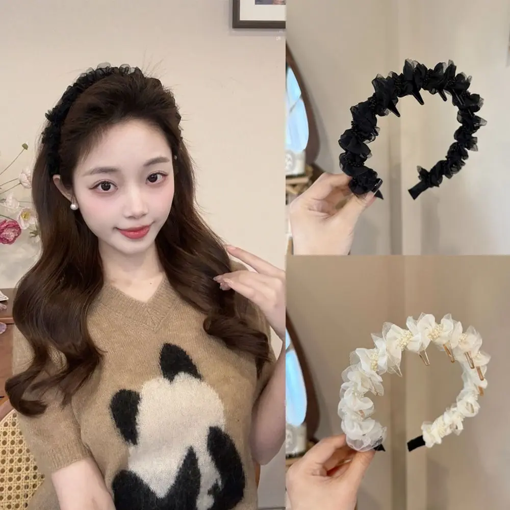 

Trend Solid Color Hairband Pleated Elegant Hair Hoop Lace Mesh Pearl Headwear Hair Accessories