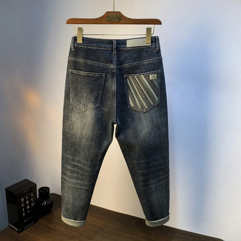 Pantalones vaqueros de gama alta para hombre, jeans de pierna recta ligera, azul oscuro, bordados cónicos, ajustados, Otoño, 2024