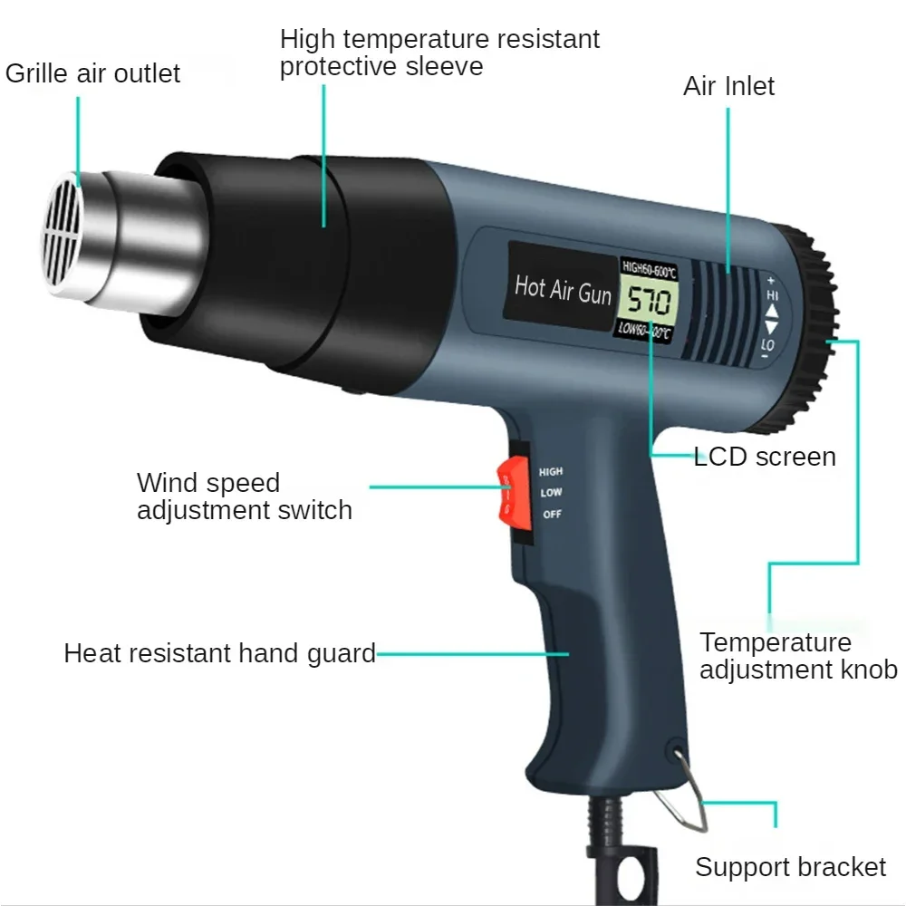 Pistola de aire caliente para soldar, calentador profesional de 2000W para soplador térmico, herramientas de envoltura retráctil con conectores de