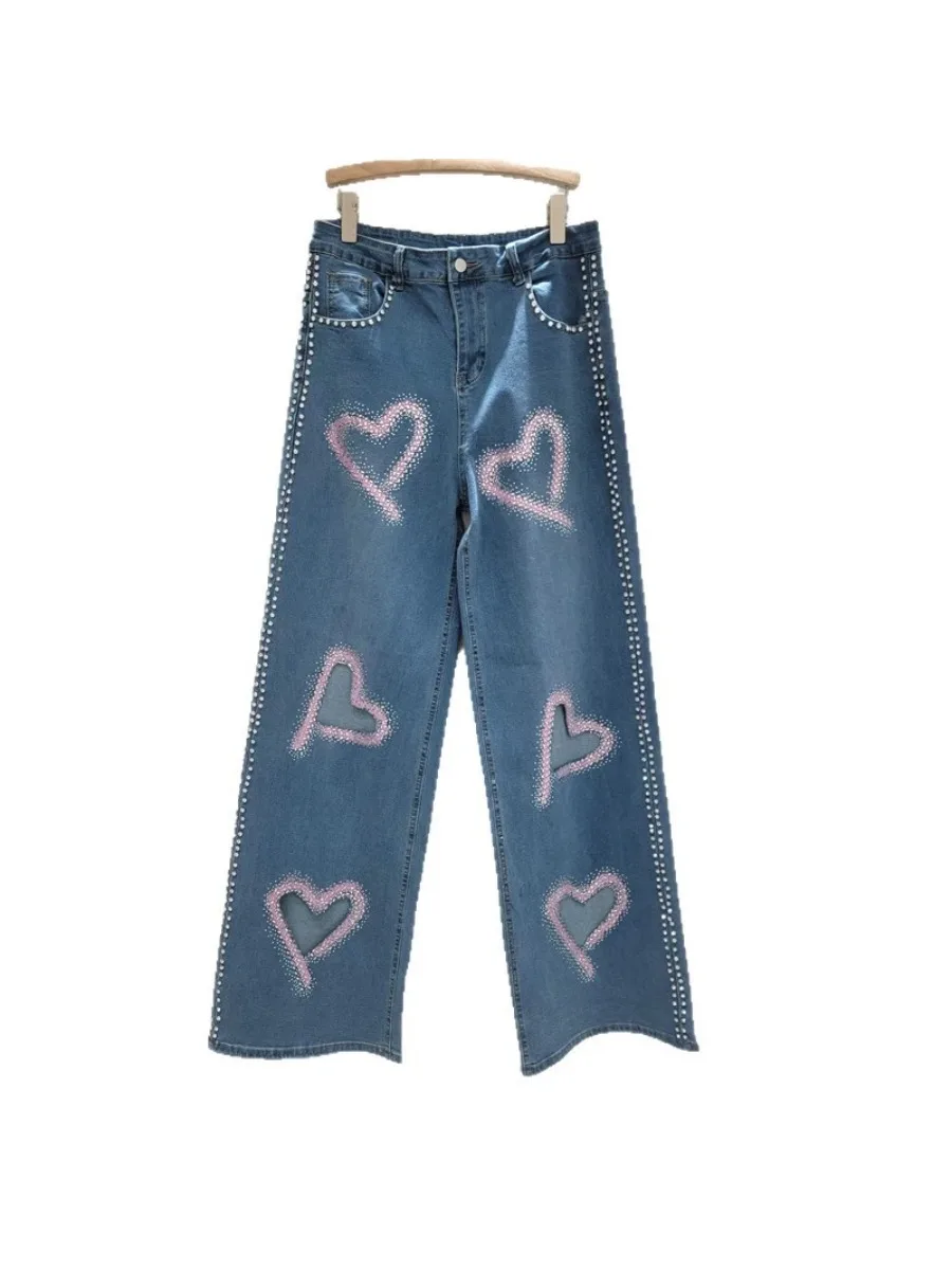 GALCAUR Blue Spliced Hollow Out Diamond Jeans Female High Waist Loose American Retro Women's Wide Leg Pants Summer New Fashion