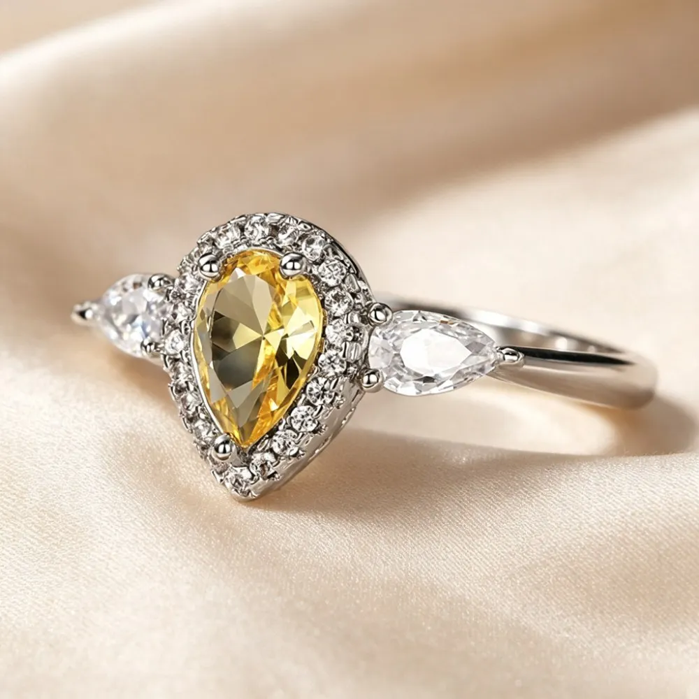 Pear Cut Yellow Simulated Citrine Halo Ring Silver Tone Marquise Side Stone Women Engagement Jewelry