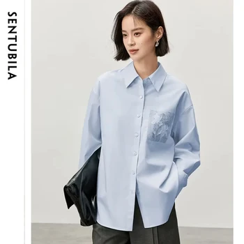 SENTUBILA Haftowana bawełniana koszula damska 2025 Wiosna Jesień Luźny krój Drop Długi rękaw Proste koszule i bluzki dojazdowe 143C56224