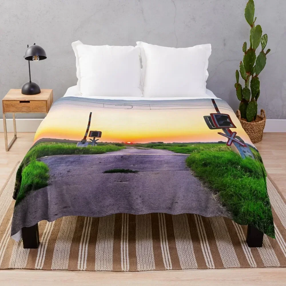 

Railroad crossing - with sunset behind Throw Blanket Cozy Sofa Blanket for TV Watching Napping