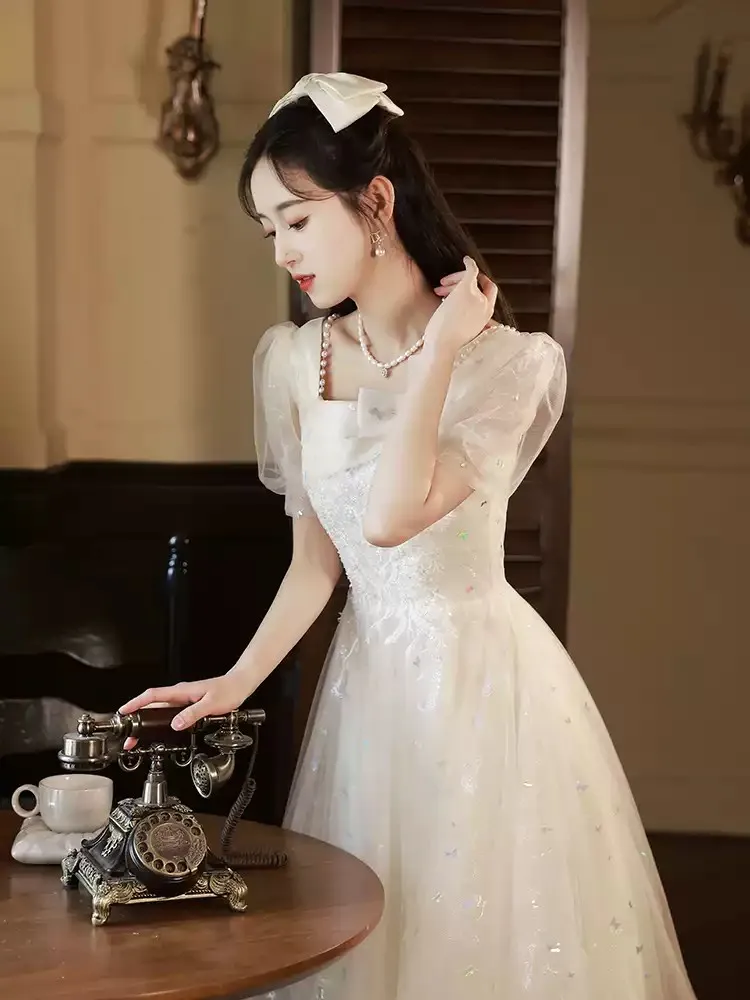 

Elegant Short Evening Dresses Tea/Ankle Length Party Dresses Square Short Sleeves Lace-up Back Party Gowns