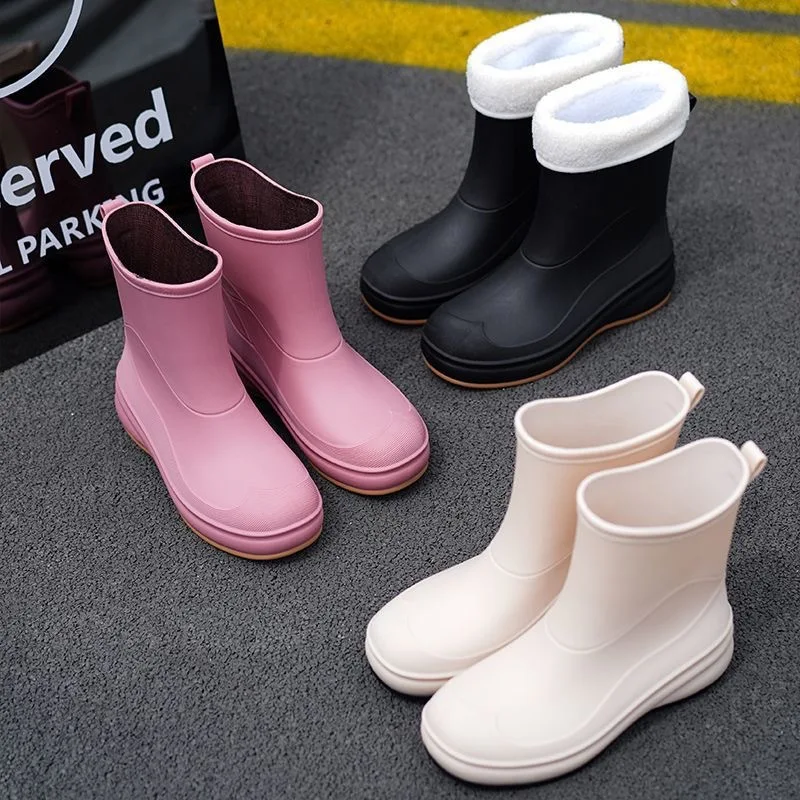 2024  New Korean Style Rubber Boots Women Rain Boots Waterproof Non-slip Mid-tube Boots Plus Velvet for Warmth Rain Boots