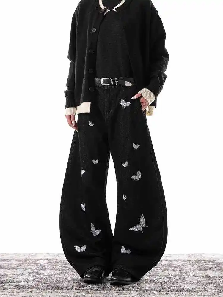 

Женские черные готические мешковатые джинсы Y2k в стиле эмо, японские джинсовые брюки 2000-х годов с вышивкой, винтажные джинсовые брюки большого размера в стиле Харадзюку, осень 2025 г.