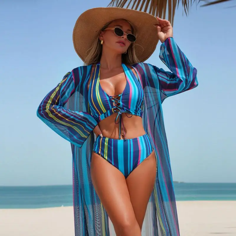 

Cikini Striped Swimsuit Three Piece Cover Up Sexy Bikinis Set Summer Beach Swimwear Bathing Suit For Women