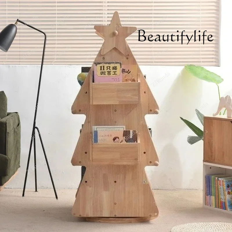 X Children's Bookshelf, Picture Book Rack, All Solid Wood Storage, Learning Multi-layer Log Color, Solid Wood Rotating Bookcase