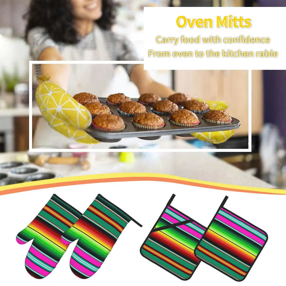 Mexican Indigenous Blanket Oven Mitts and Pot Holder Sets of 4 for Baking Kitchen Cooking Grilling Resistant Non-Slip Gloves - view 6