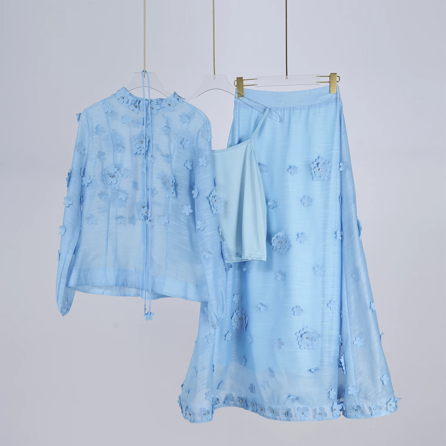 

Luxury 3D Flowers Two Pieces Set Women's 2025 Summer Holiday Embroidered Mesh Long Sleeve Blouse Shirt A Line Maxi Skirt Outfits