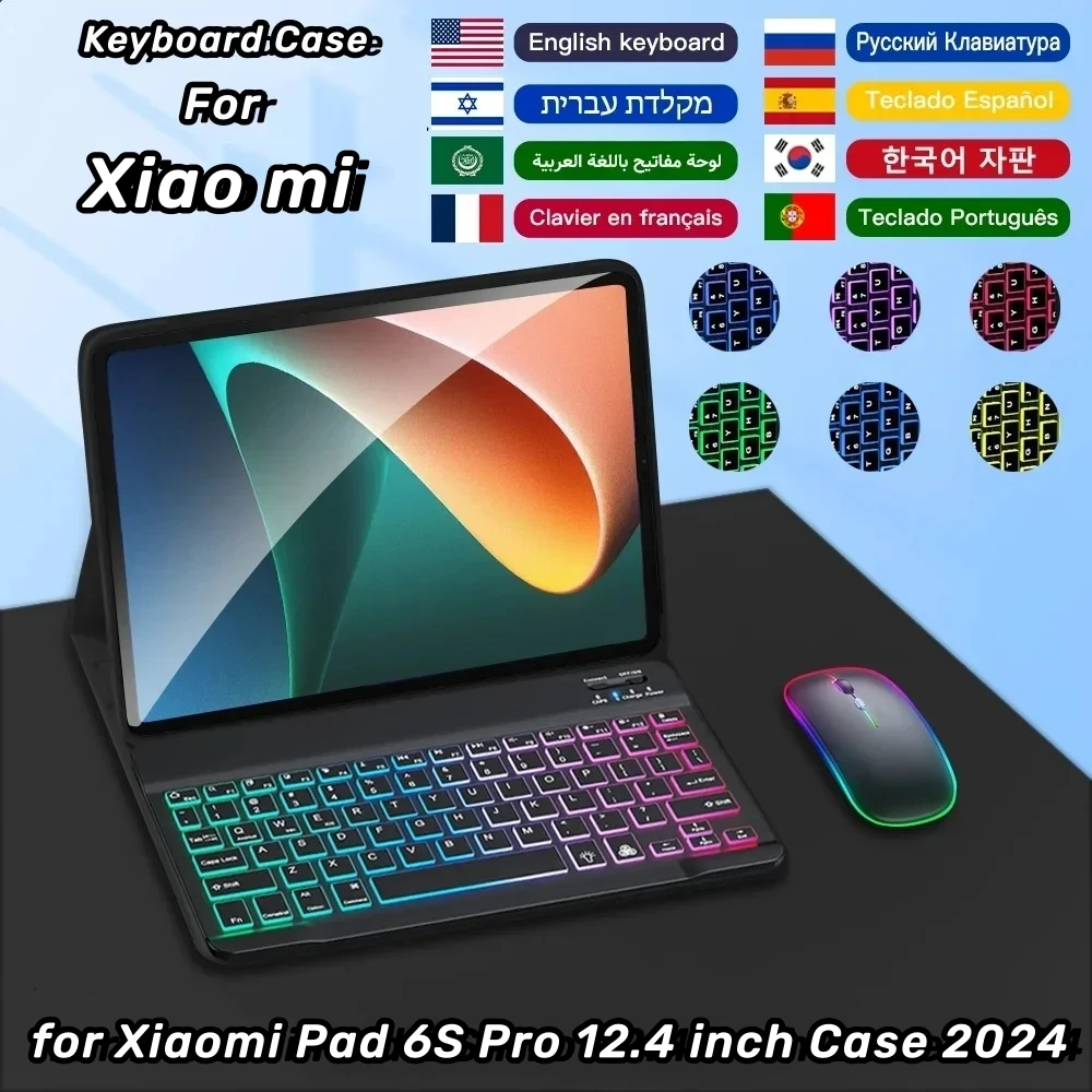 For Xiaomi Pad 6S Pro 12.4 Inch 2024, Detachable Rainbow backlight Russian Spanish Keyboard Cover for XIAOMI Pad 6S Pro 12.4