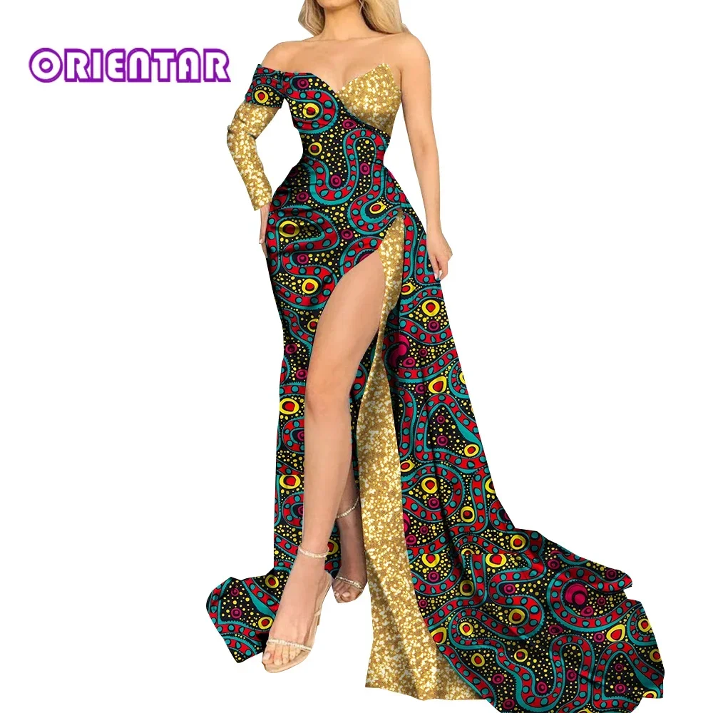 

African Maxi Dress Women One Sleeve Off Shoulder Party Dress Floor Length Gown African Print Dresses Robe Africaine Femme WY9914