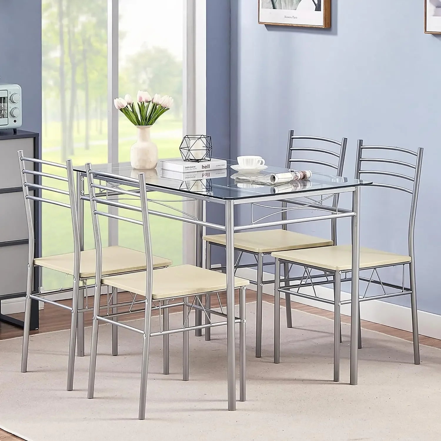 5 Piece Dining Table Set for 4 with Chairs, Glass Top, Small Space, Silvery