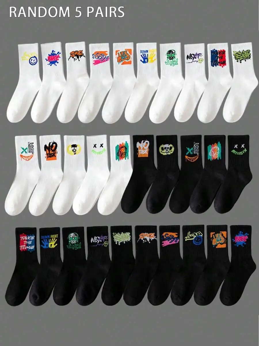 

5 Pairs Random Ink Splatter Colorful Letter Print Mid-Calf Socks For Men