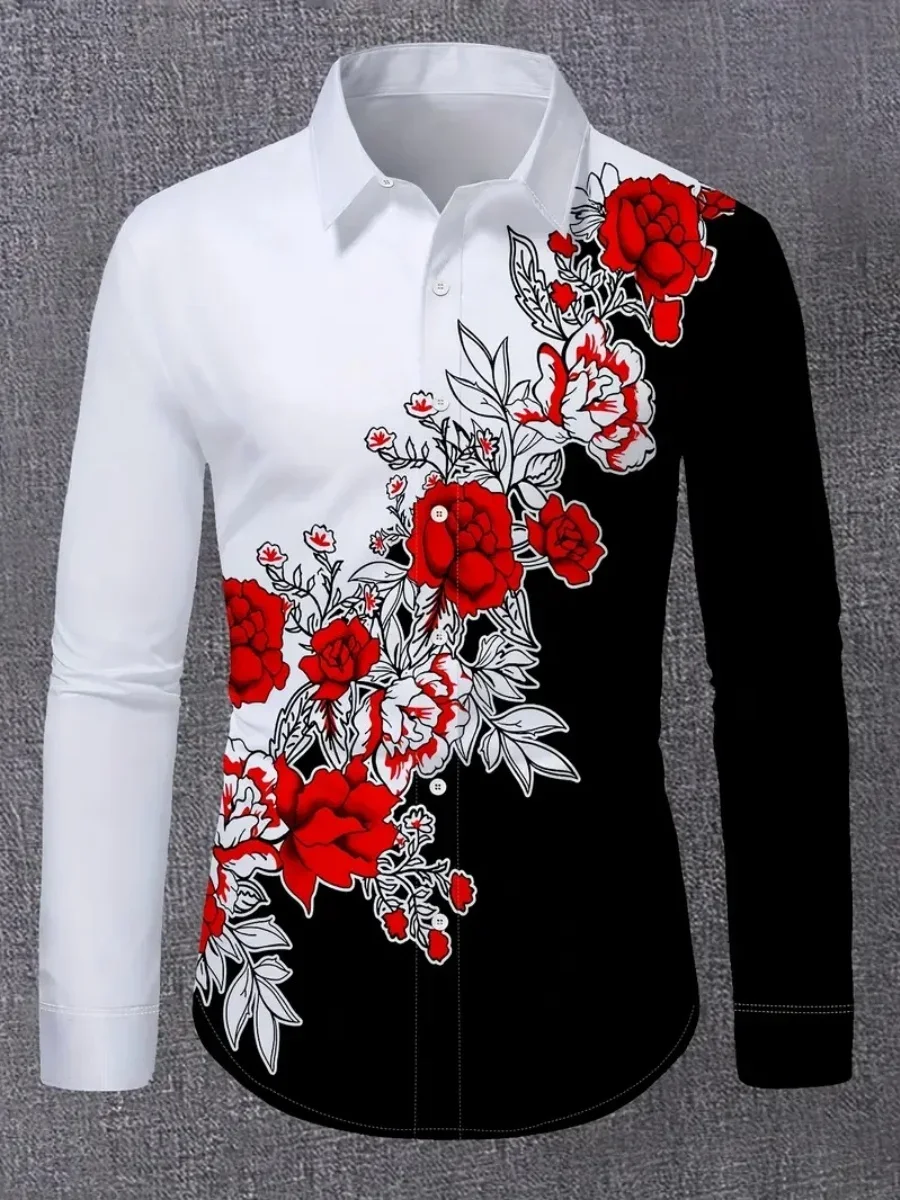 New Men's Business Collarless Casual Shirt with Floral Pattern Long-sleeved Design Suitable for Daily Wear Comfortable Fabric