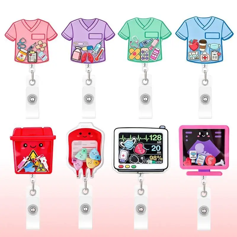 Cartoon Medical Style Retractable Badge Reel 360 Rotating Acrylic Shaker ID Holder for Office Administrative Workers
