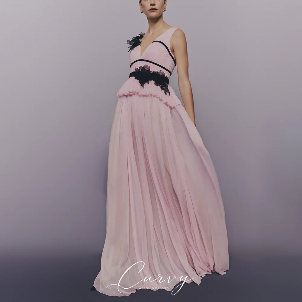 Curvy Elegant Sophisticated Sleeveless Evening Dresses for Women Vestido de Fiesta Chiffon A Line Gown with 3D Floral Detail