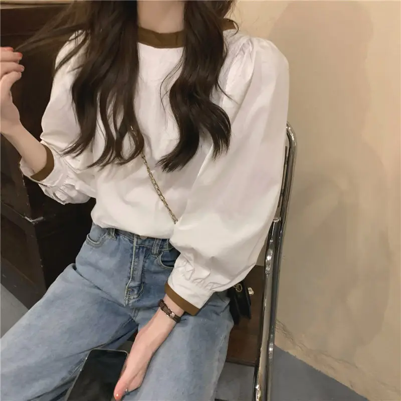 Temperament Lacing Loose Blouse Spring New O Neck Long Sleeve Loose Solid Korean Youth Shirt Tops Fashion Casual Women Clothing