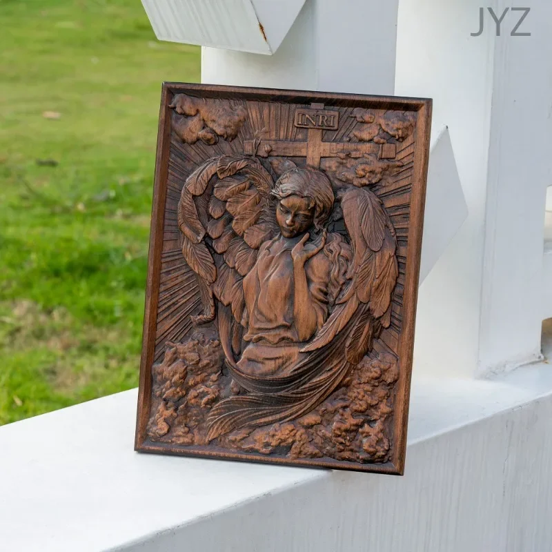 Vintage Wooden Carving Icon Archangel Chamuel Religious Mural Art Figure Living Room Decor