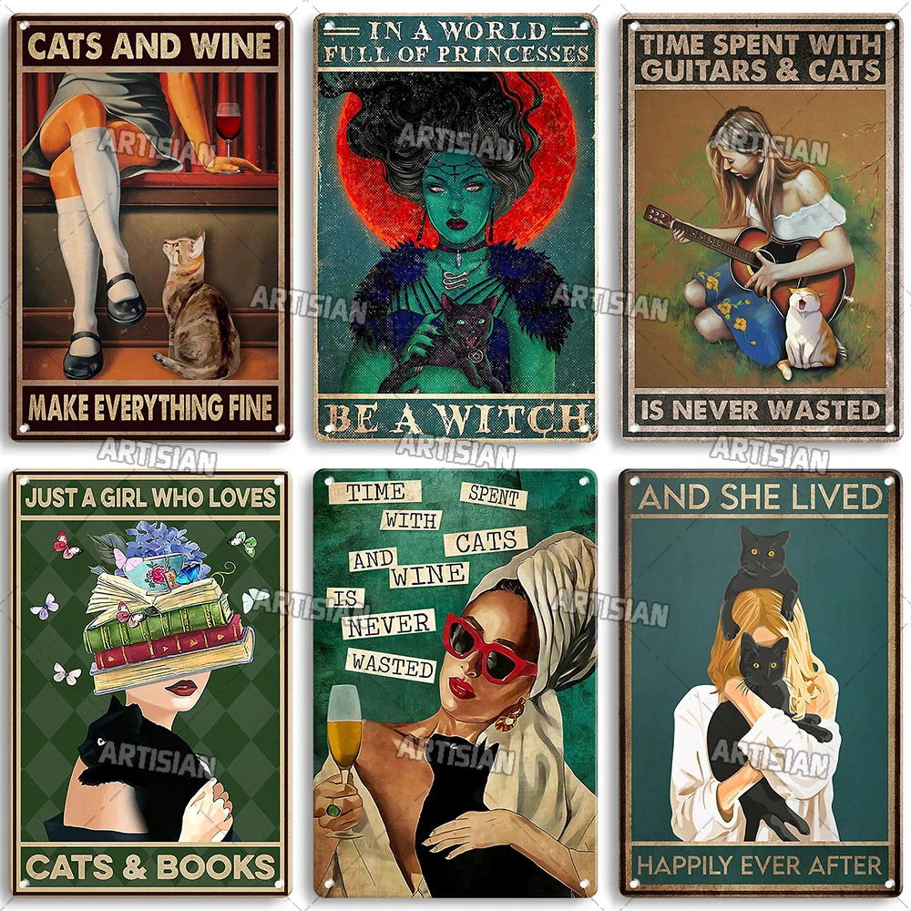 Artisian Girl And Cat Metal Sign Pet Tin Poster Funny Decorative Plate Wall Decor Garage Bar Pub Club Hotel Cafe Kitchen Home