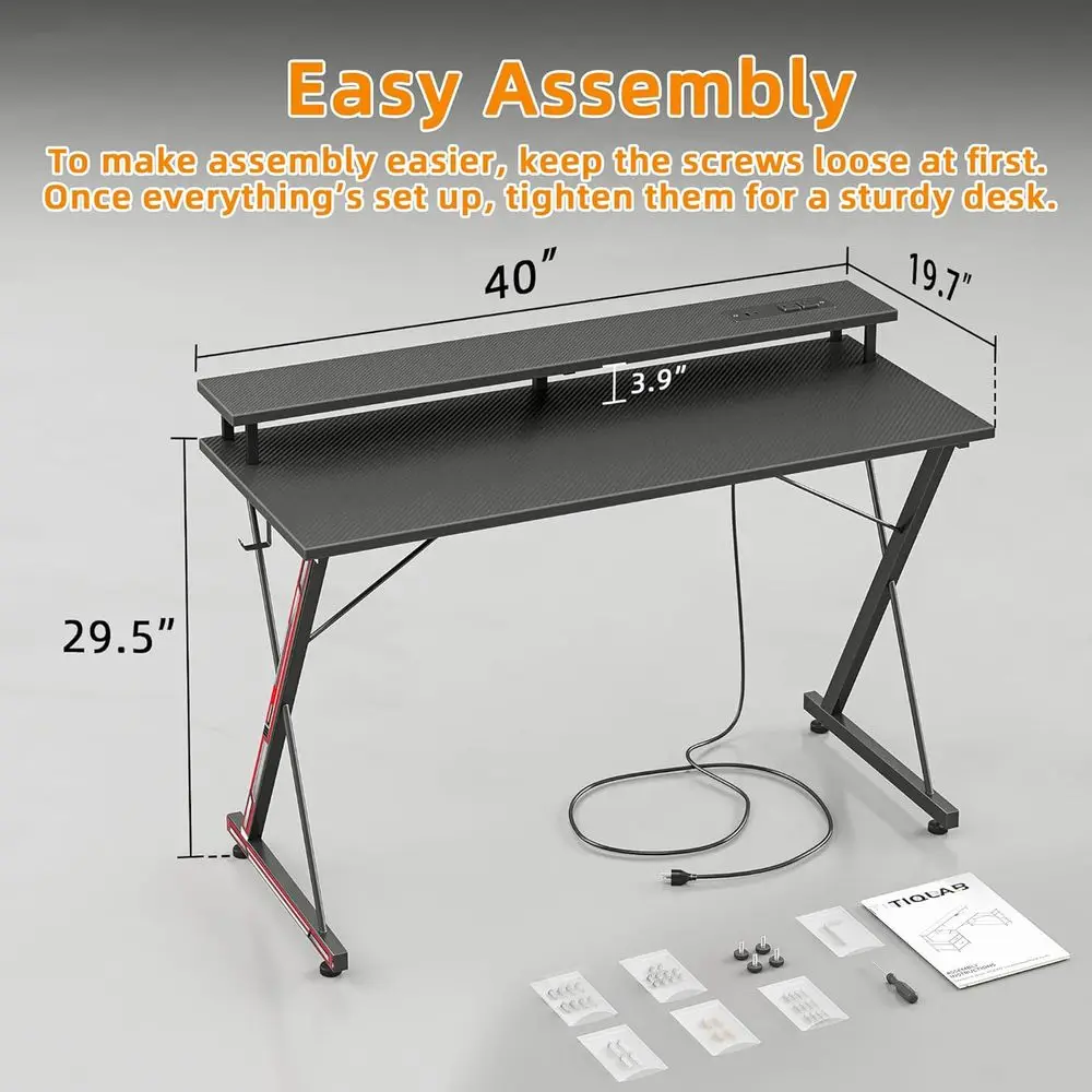 40 مكتب ألعاب من ألياف الكربون المضاءة LED مع منافذ طاقة وحامل شاشة وخطاف سماعة الرأس لإعداد ألعاب الكمبيوتر #3