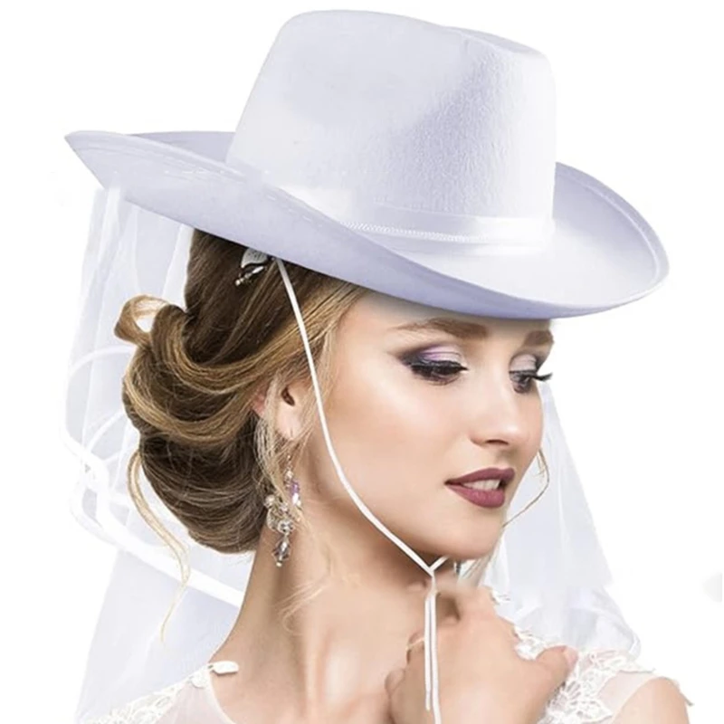 A2ES White Tiaras Bridal Cowgirl Hat with Veil for Bachelorette and Bridal Party Summer Beach Hat with Long Veil