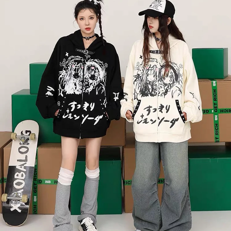 Harajuku Grunge Mode Goth Y2k Streetwear Druck Reiß verschluss Hoodie Mädchen Frauen Kleidung Langarm Anime Overs ize Hoodie weiblich