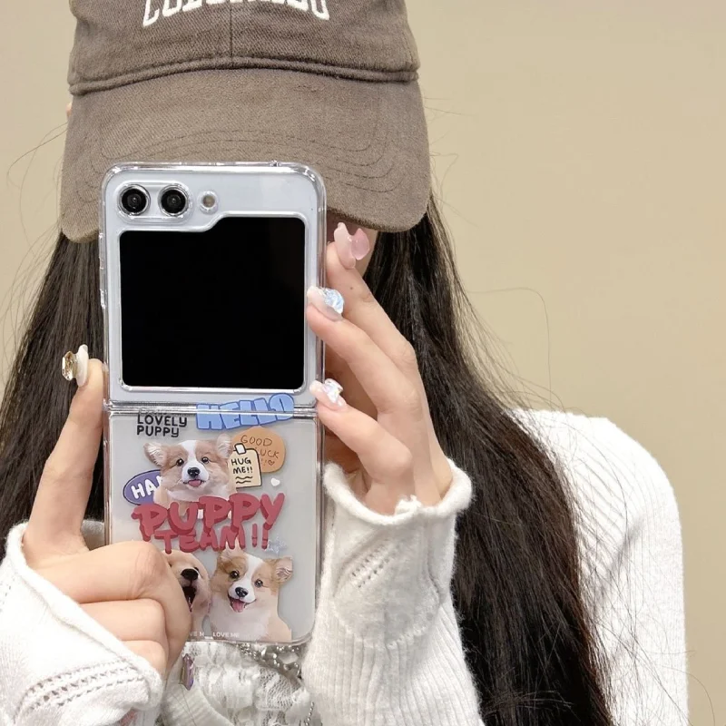 Cute Dog Cat Phone Case For Samsung Galaxy Z Flip 6 7 ZFlip5 5G Transaprent Clear Cover For Samsung ZFlip4 ZFlip 3 Animal Fundas
