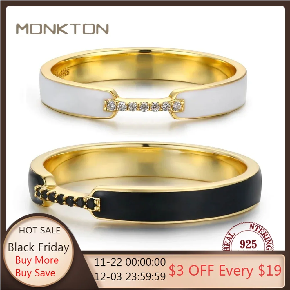 Monkton S925 Sterling Silver White Black Enamel Couple Rings for Women Men 14K Gold Plated Wedding Band Fine Jewelry