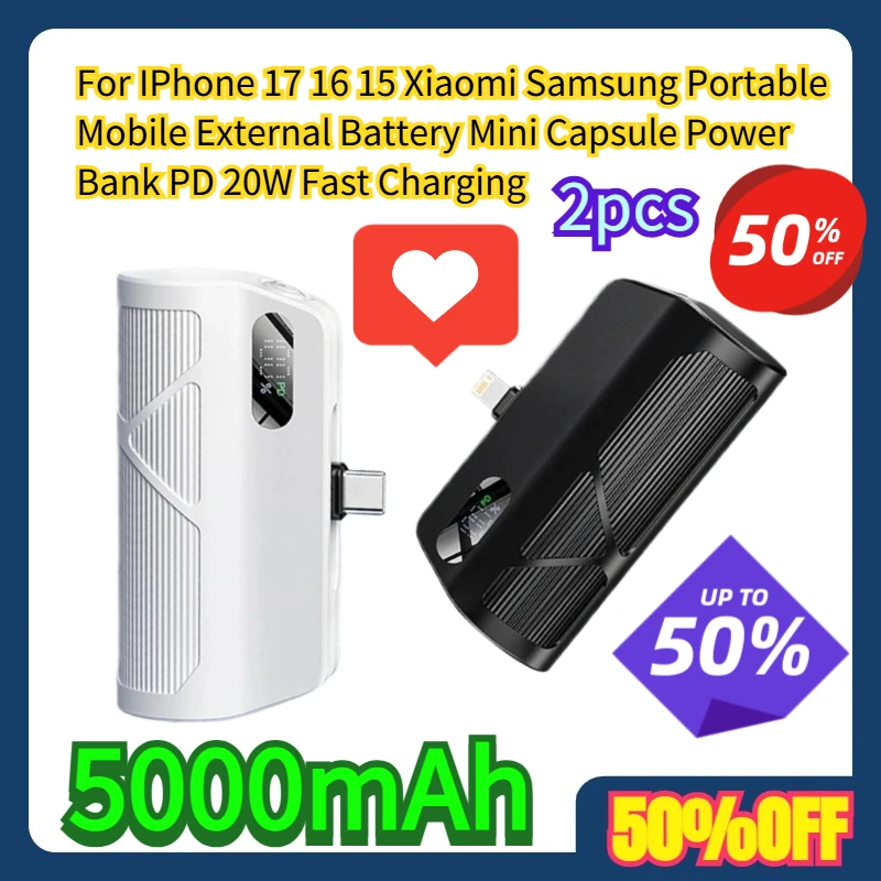

For IPhone 17 16 15 Xiaomi Samsung Portable Mobile External Battery Mini Capsule Power Bank 5000mAh PD 20W Fast Charging 2pcs