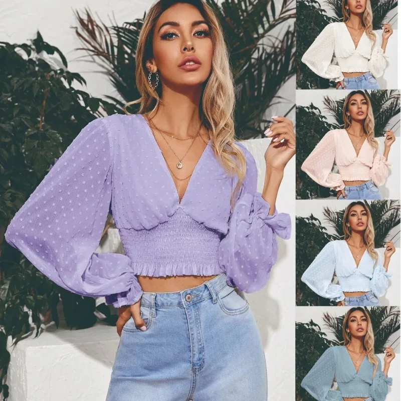 

2025 European and American Autumn Sexy Temperament Chiffon Pullover V-neck Slim Fit Women's Shirt Women Tops