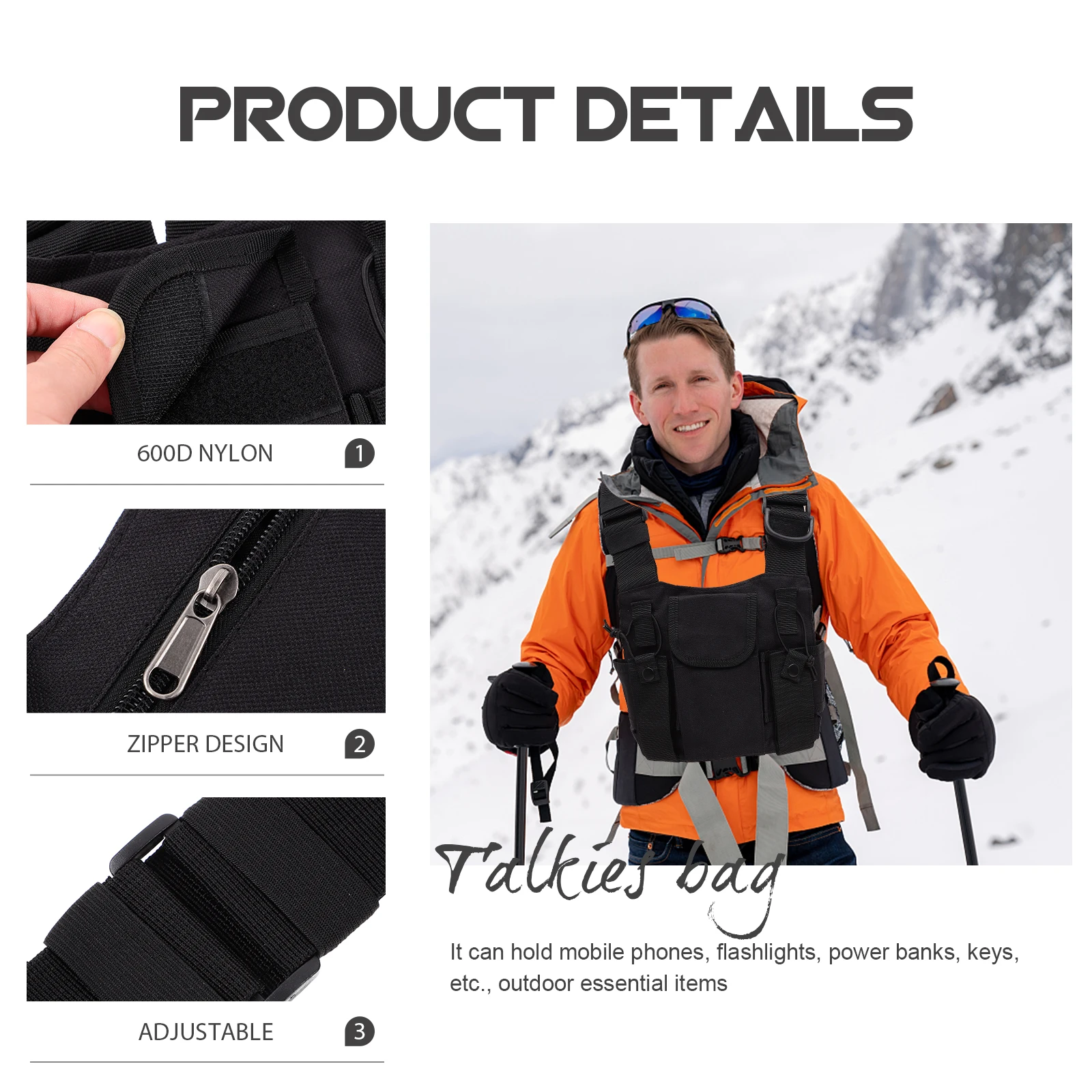 

Outdoor Chest Pack Men Adjustable Harness Bag For Radio Cell Phone Power Bank Durable Scratch Resistant Front Pouch Hiking