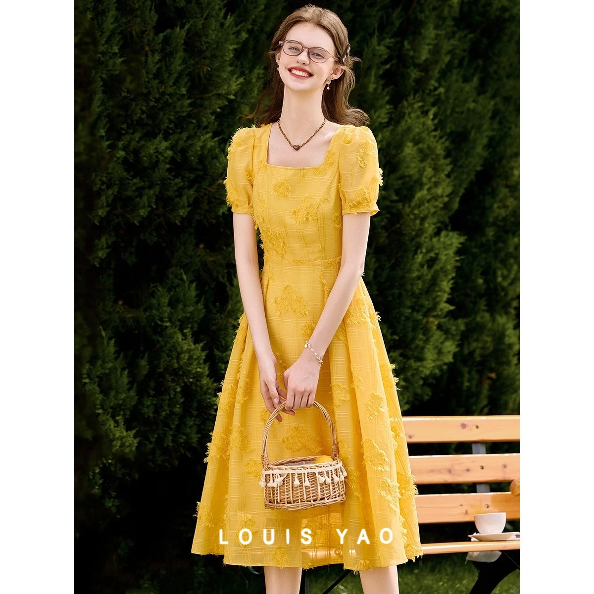 

Summer Cutwork Embroidery Craft Long Dress Sweet Style Square Neck Straight Shoulder Puff Sleeve Women's Dress Female Clothing