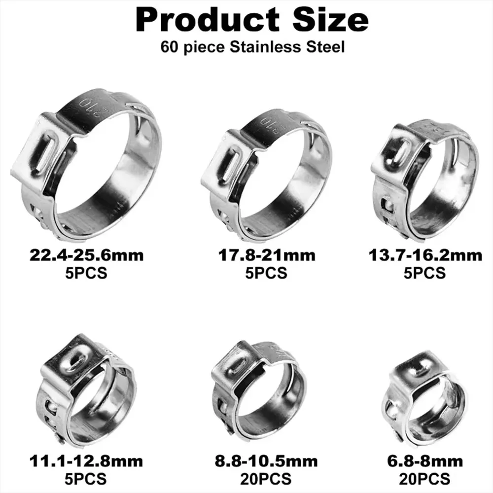 60PCS 6.8-25.6mm 304 Stainless Steel Single Ear Hose Clamp Stepless Cinch Clamp Rings Kit for Plumbing Pipe Fitting Connection