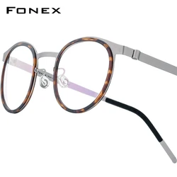 FONEX Acetate Alloy Glasses Frame Men Brand Design Round Eyeglasses Ultralight Denmark Morten Screwless Korean Eyewear 98625