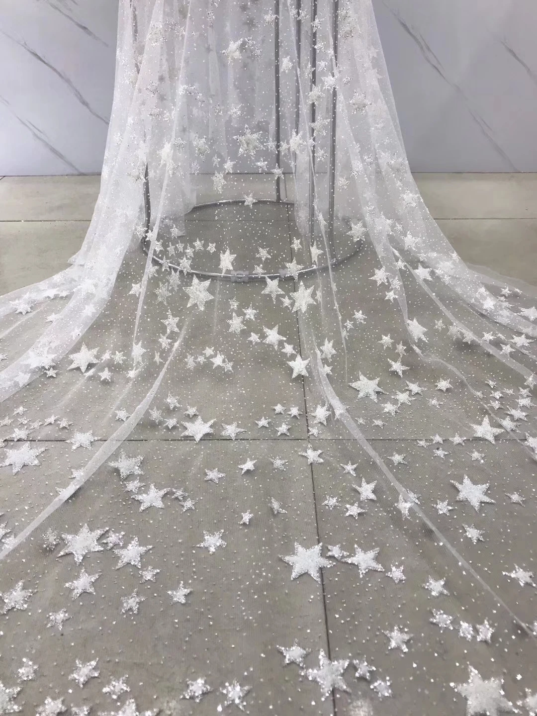 Voile de mariage en tulle blanc cassé avec paillettes, motif étoiles, tissu en dentelle, accessoire de décoration bricolage, nouveau, vendu au mètre, 2024