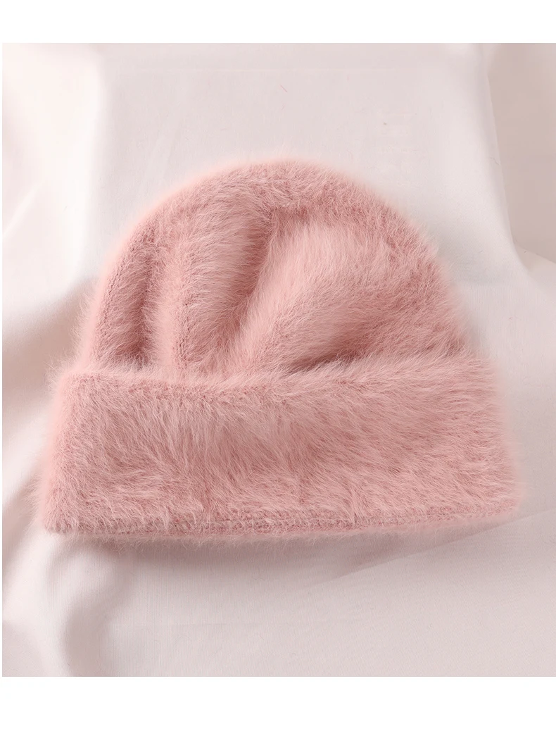 2023 Angora Flauschige Strickmütze Kaninchenfell Wintermütze für Damen Damen Mode Warmer Plüschschädel Damen Dicke Fleecemützen – Detail 31