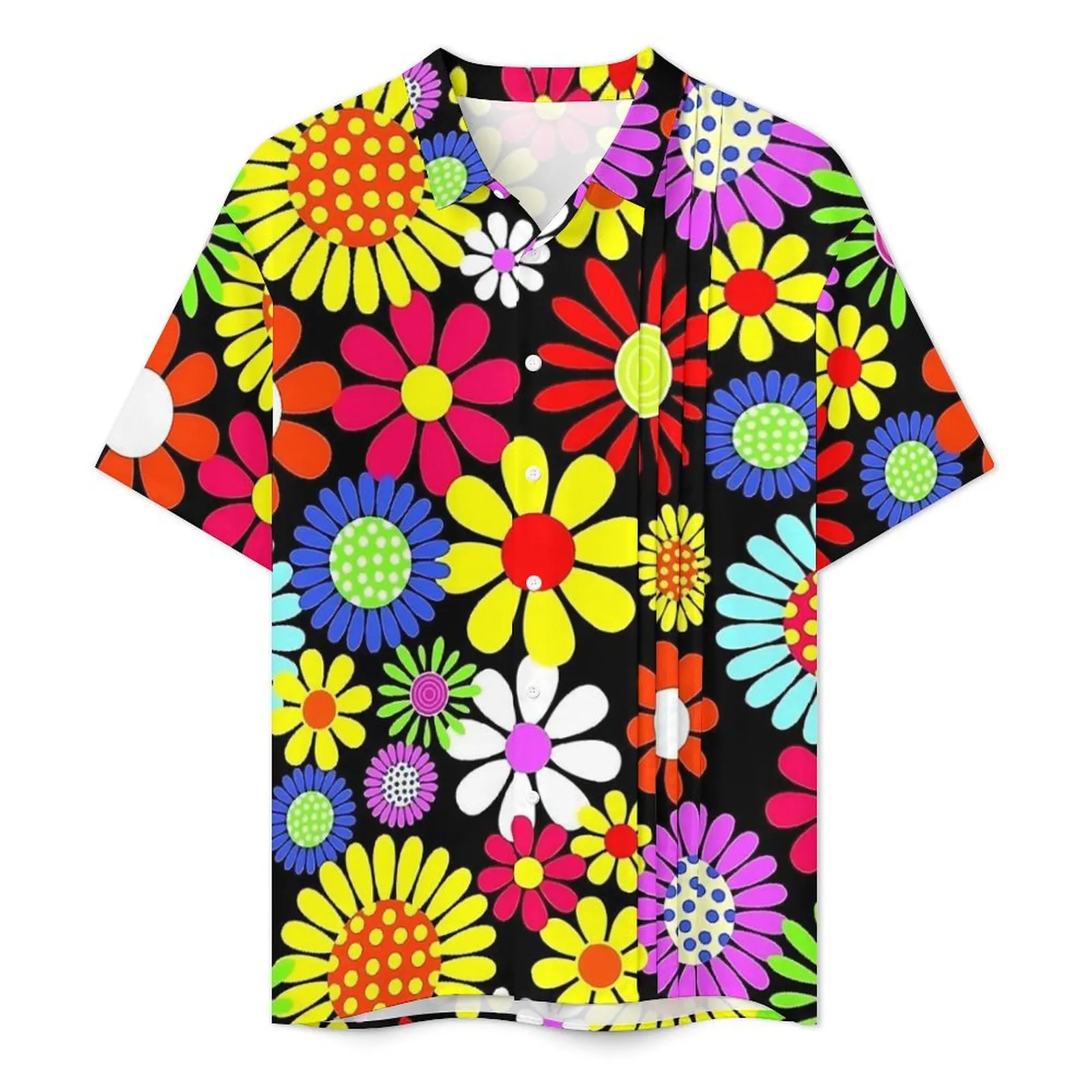 Retro Colorful Flower Power Print Vacation Shirt Male  Novelty Casual Shirts Hawaiian Short Sleeve Comfortable Plus Size Blouses